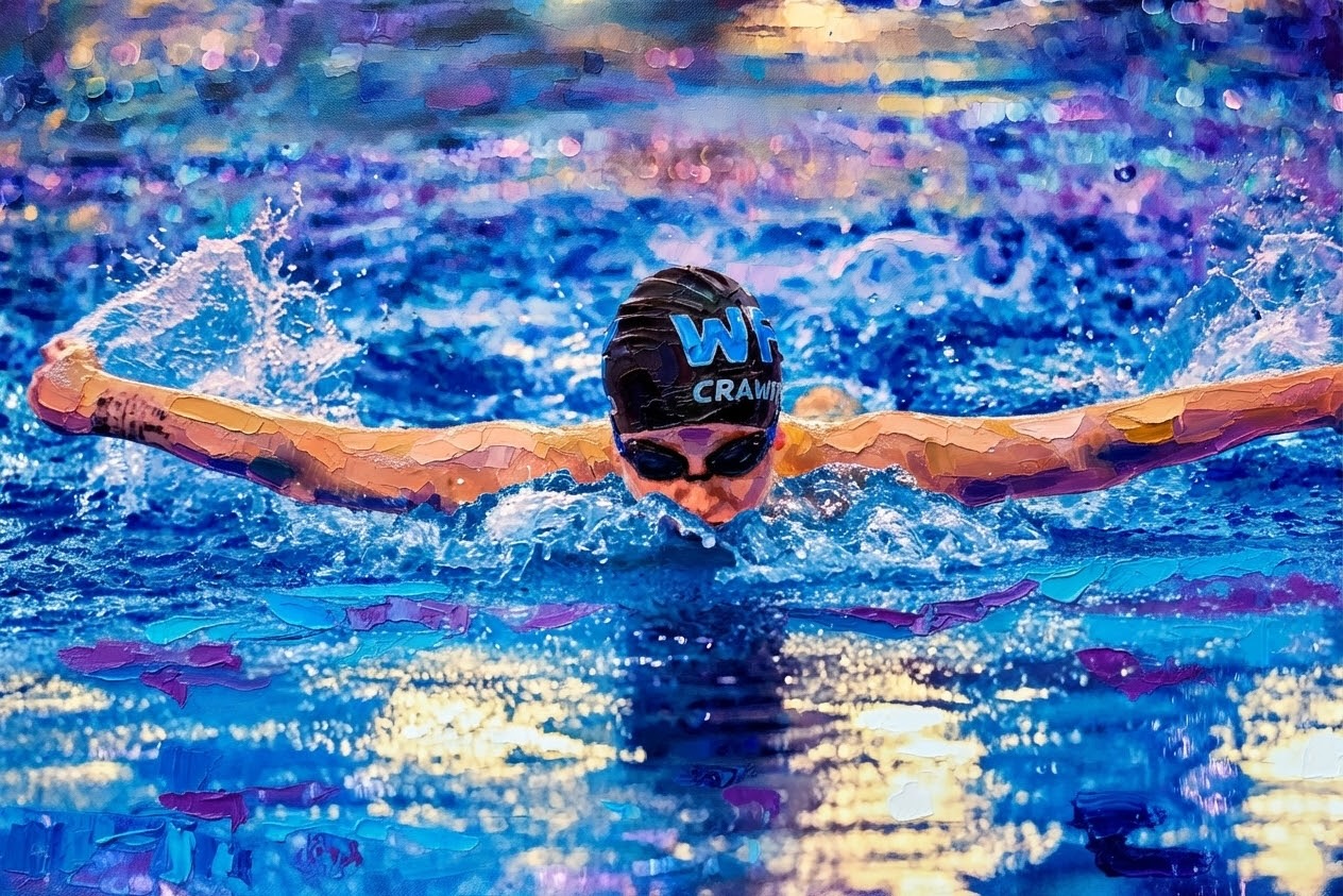 Painterly artwork of a Waterfront swimmer racing butterfly
